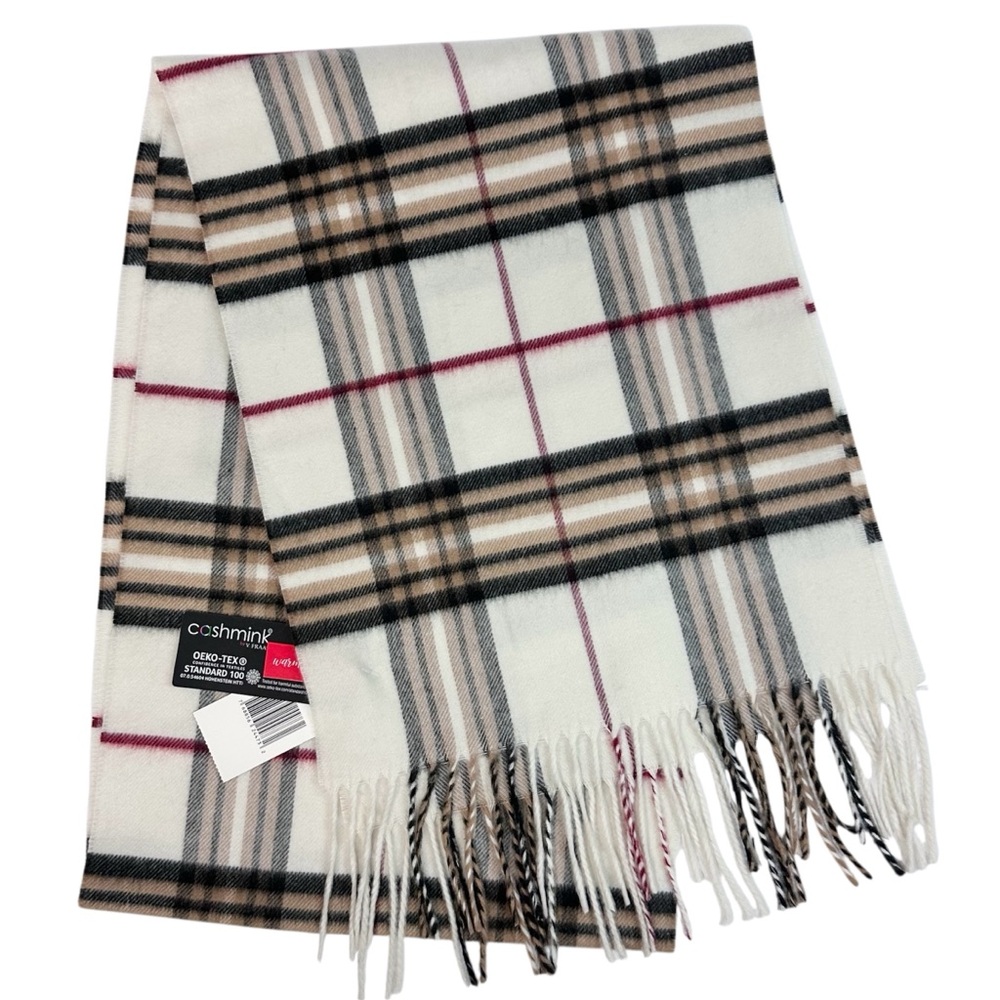 Cashmink New Plaid Long Wrap Scarf with Fringe - Ivory Cream